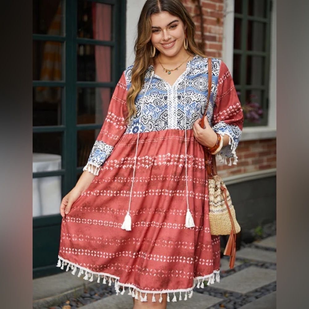 🌸 Bandana Print Contrast Tassels Trim Ties Notched Dress (AA4)